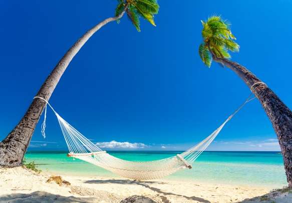 View of hammock in the shade of palm trees on tropical Fiji Islands
