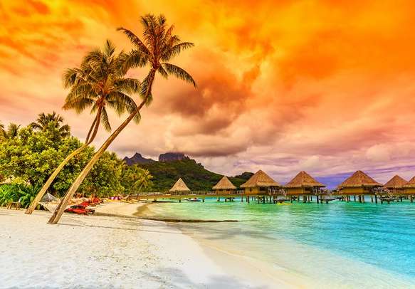 The beautiful white sand beach of Bora Bora