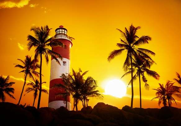 Lighthouse around palm trees at sunset