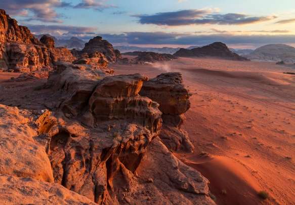 The lunar landscape of Wadi Rum Desert	