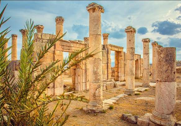 A view of ancient Roman ruins in the city of Jerash