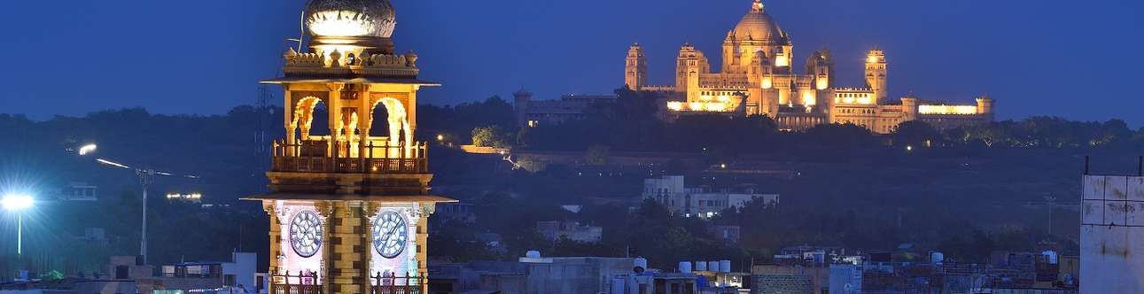 The famous clock tower in Jodhpur lightening up the city at night 