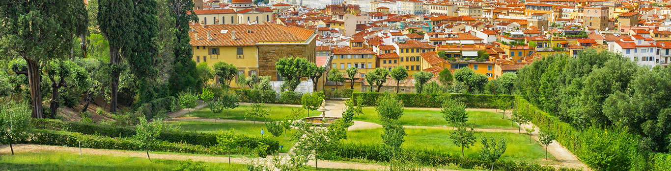 A sprawling garden with outdoor sculptures