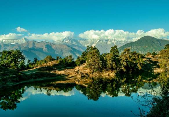 Mesmerizing view at Deoria Tal or Lake nestled in Garhwal Himalayas at Chopta