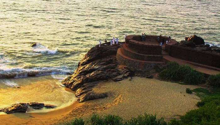 The stunning Bekal Fort with the background of colorful sunset at Bekal in Kerala