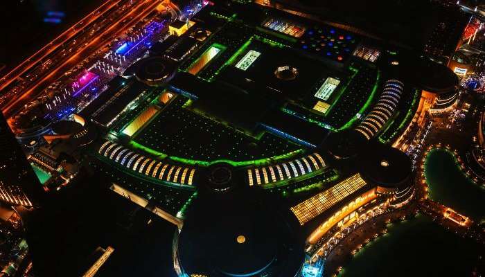 Top night view of one of the most popular tourist attractions in Dubai - The Dubai Mall