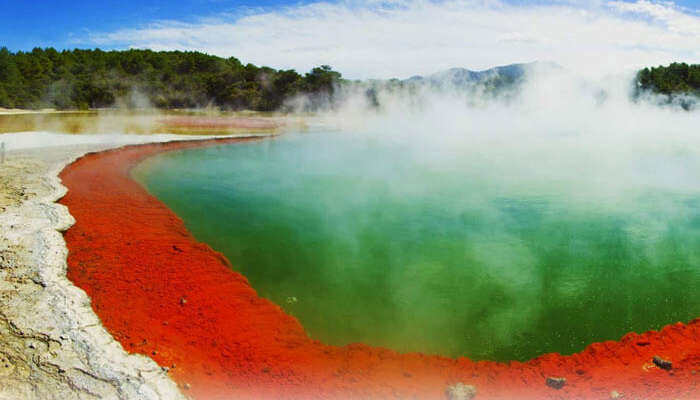 The dramatic beauty of Rotorua with lava lines and steaming water