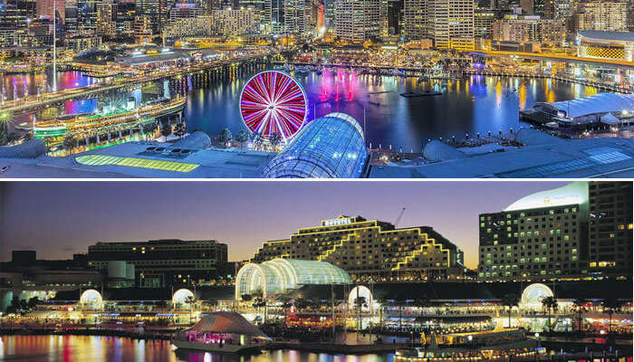 Many views of the Darling Harbor at night