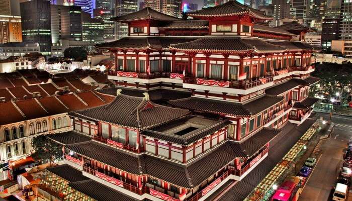 An aerial view of the Buddha Tooth Relic Temple