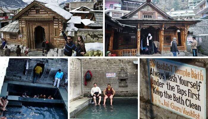 Scenes from the inside and outside of the temple at the Vashisht hot water springs