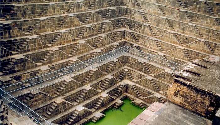 A view of the Chand Baori step well in the village of Abhaneri