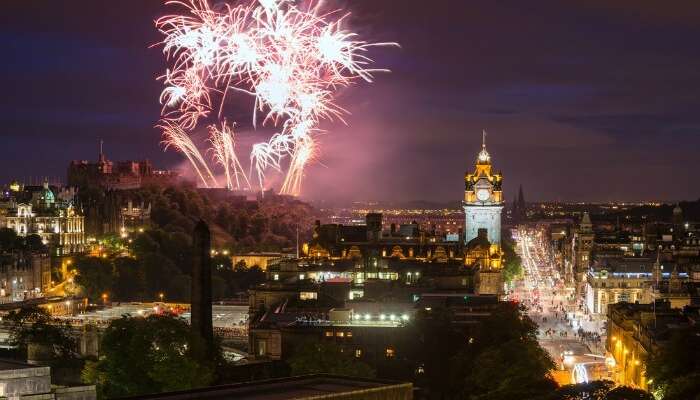 The fireworks during Hogmanay Celebrations in Edinburgh