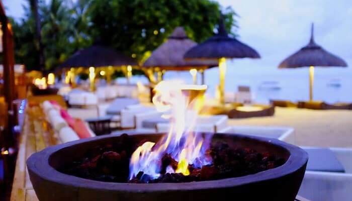 Fire bowl on the beach in Zoobar – one of the most hep gems of nightlife in Mauritius