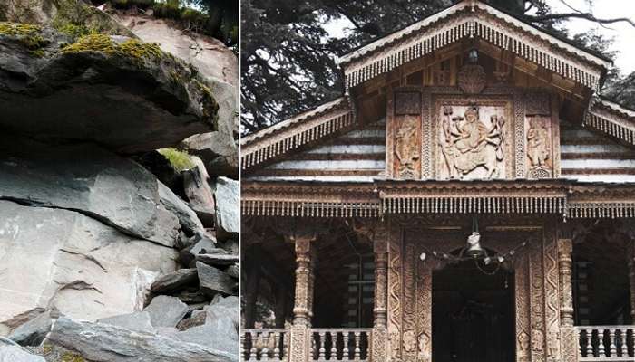 The entrance of the temple and the Arjuna Gufa nearby