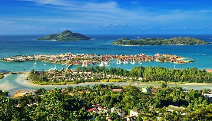 Aerial view on the coastline of the Seychelles Islands and luxury Eden Island from Victoria viewpoint in Mahé