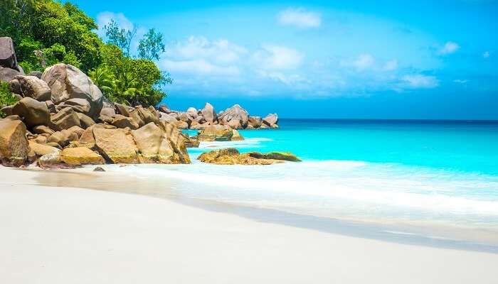 A view of the Anse Georgette beach at Praslin that is one of the most beautiful places to see in Seychelles