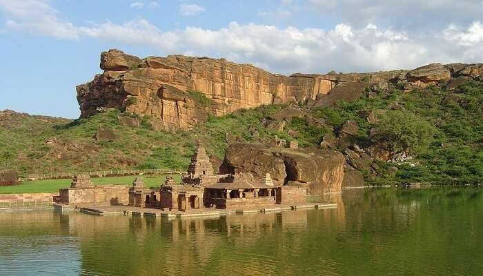 The Bhootnath Temple erected in the middle of green lake at Badami in Karnataka