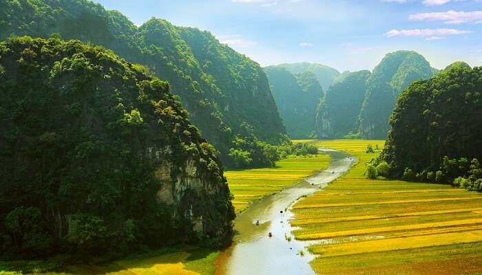 River cutting through the paddy fields of Ninh Binh in Vietnam