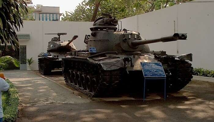 A couple of tanks standing at the War Remnants Museum that is one of the Vietnam tourist attractions