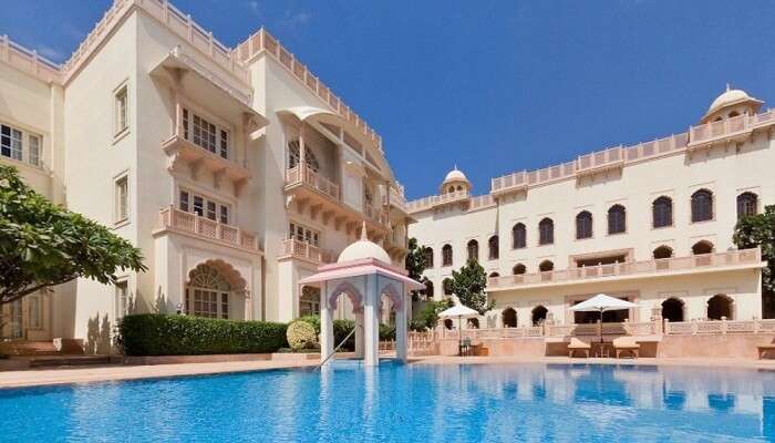 The swimming pool at the Hari Mahal hotel that is one of the best hotels in Jodhpur