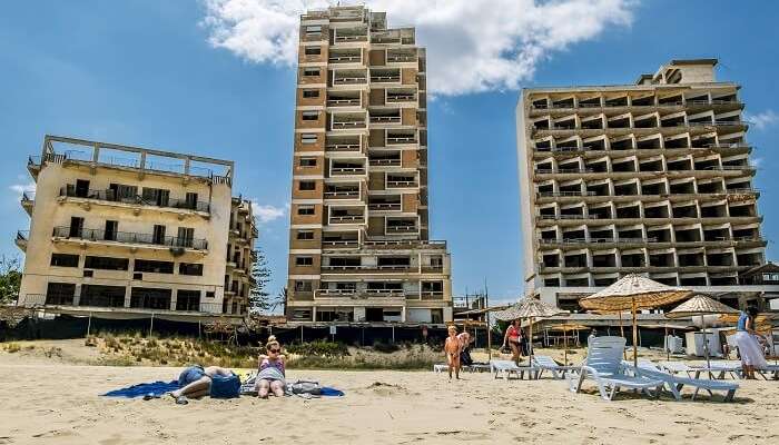 Abandoned hotels and the beach at Varosha in Famagusta in Northern Cyprus