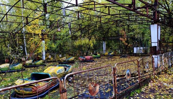 Abandoned car ride area at the amusement park in Pripyat