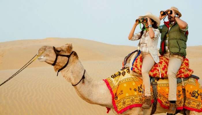 People exploring the vast dunes of desert while enjoying camel safari in Jaisalmer