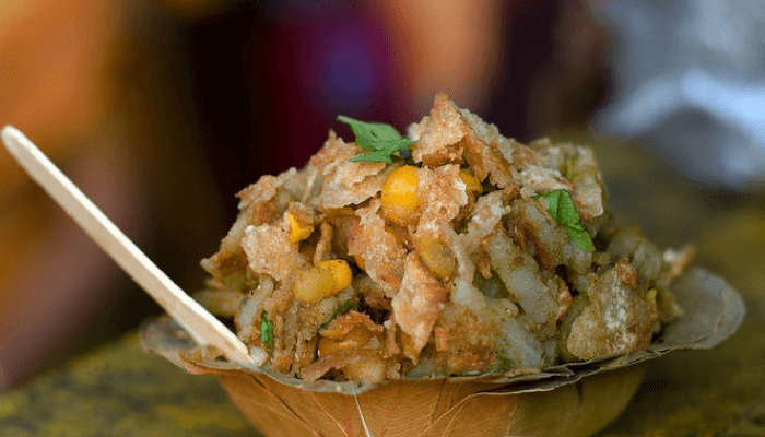 Churmur Chaat placed in a disposable bowl