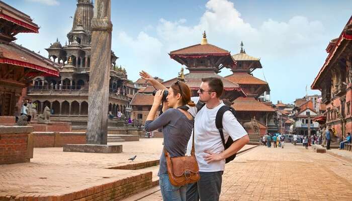 Beautiful young couple at Durbar Sqaure in Patan