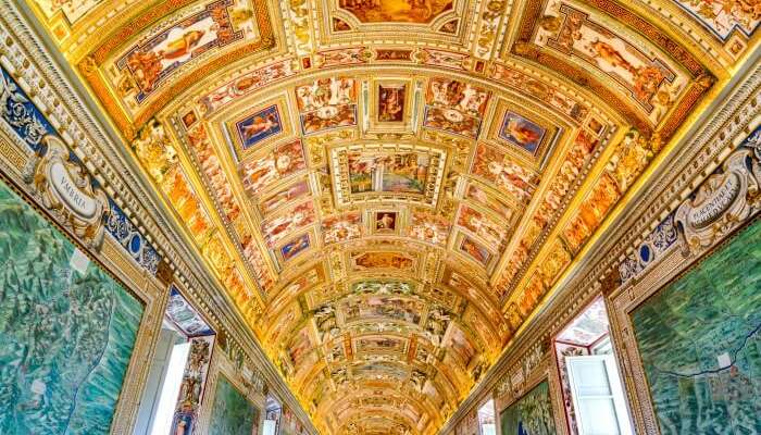 Ornated interior of Vatican Museum in Italy