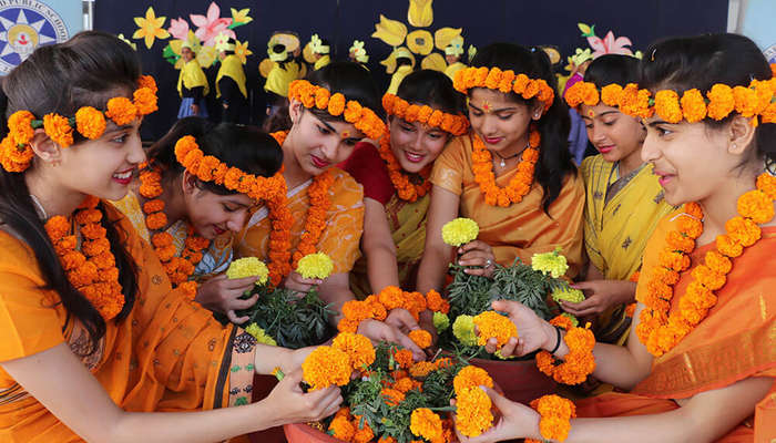 School kids celebrating Basant Panchami