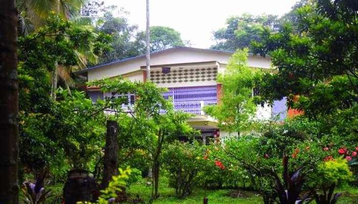 a home surrounded by trees and gardens