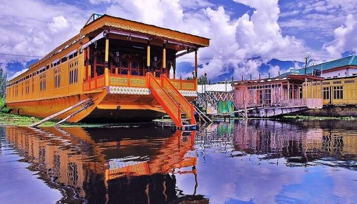 houseboat anchored on Dal Lake in Kashmir, India