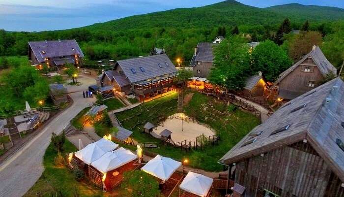 aerial view of ethno houses at night