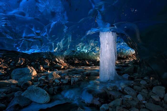 A frozen waterfall inside the ice caves