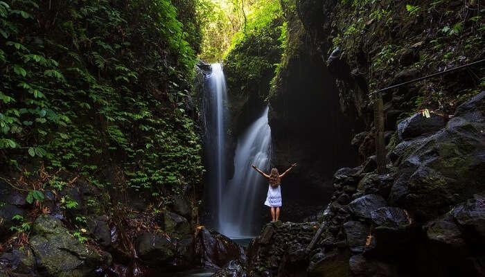 Woman posing near Gitgit waterfall