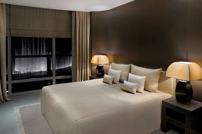 A view of a bedroom at an Armani Fountain Suite in Burj Khalifa