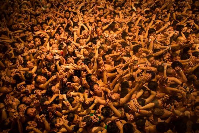 The semi naked Japanese waiting to grab the talisman during Hadaka Matsuri fest