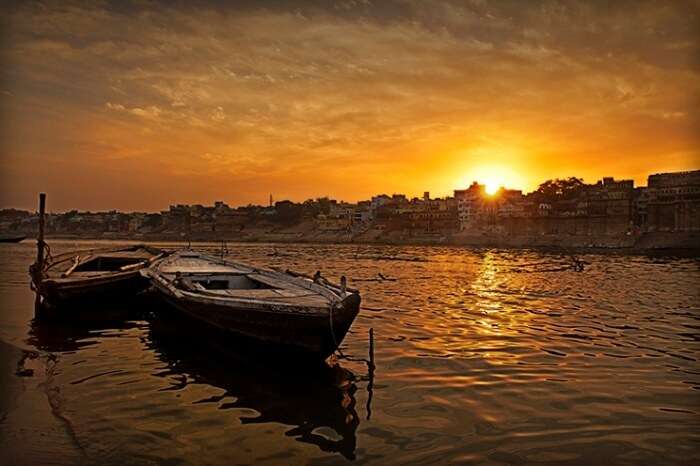 Boats at the ghats of Varanasi at the time of sunset