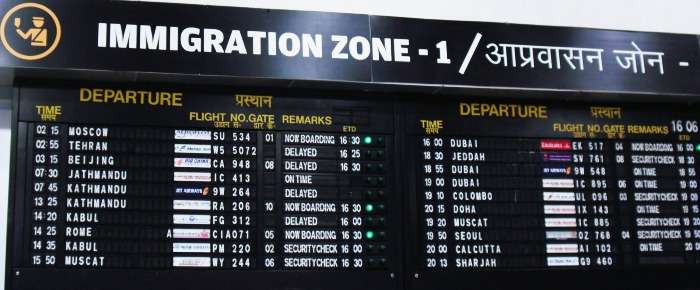 Immigration board displaying how well connected Delhi International Airport is