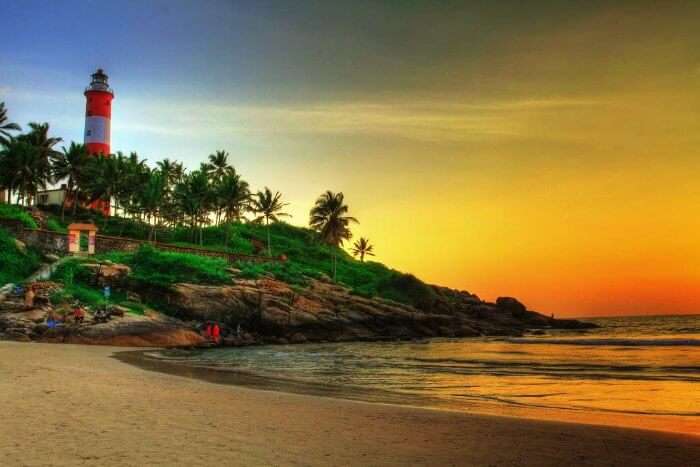 Kovalam beach has to be on your list of places to visit in Kerala during monsoons for its gorgeous sunset.