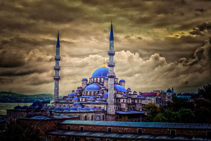 Soothing blues of the Blue Mosque with contrasting grey sky