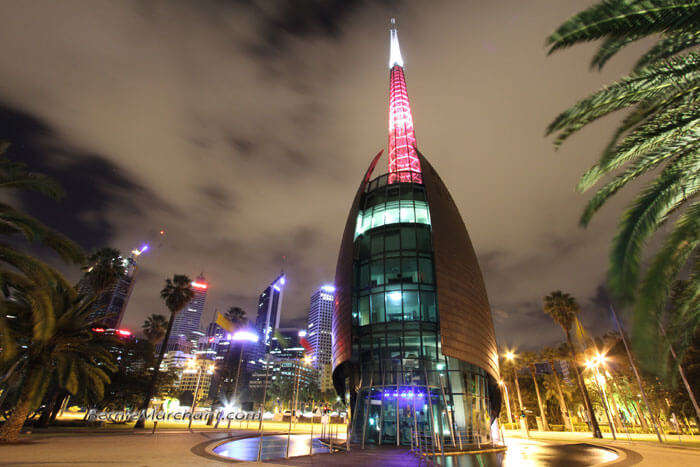 A night view of the Bell Tower that overlooks other Perth tourist attractions