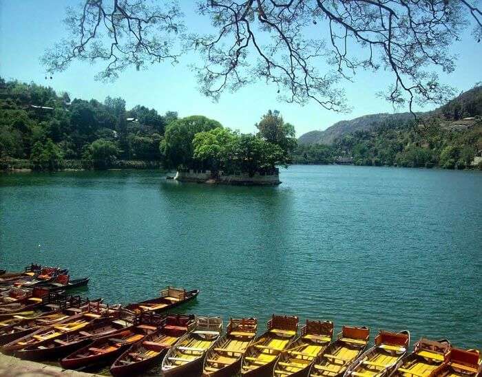 Row of boats at Bhimtal Lake in Uttarakhand