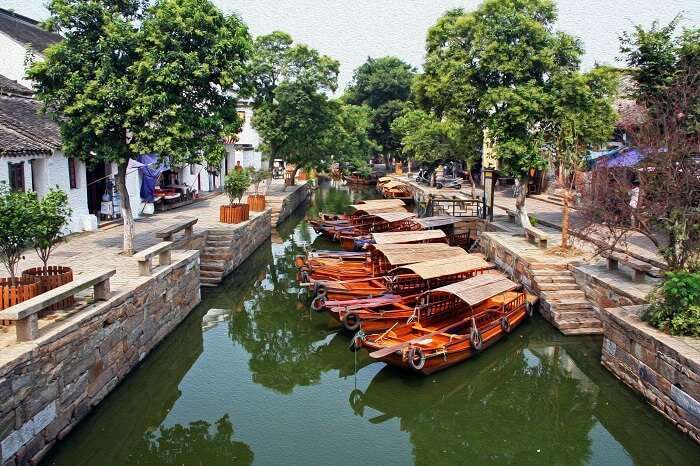 The boats decked at canal city of Suzhou in China