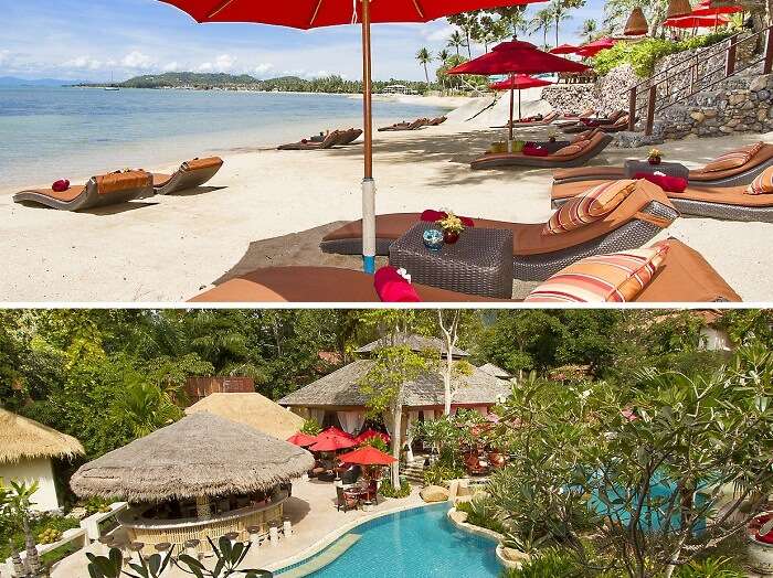 The swimming pool and beach side sitting area at Rocky Resort