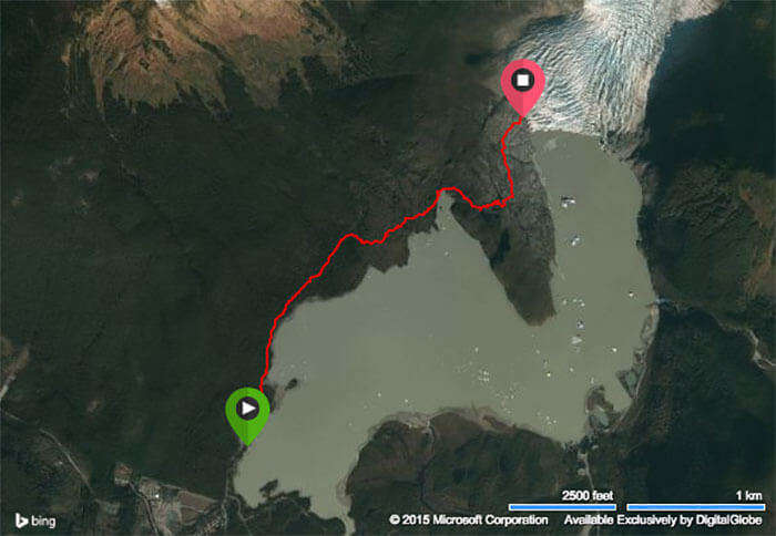 A bing map view of the strenuous trek to the ice glacier