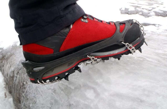 Crampsons help to have a firm grip while you walk on ice sheet