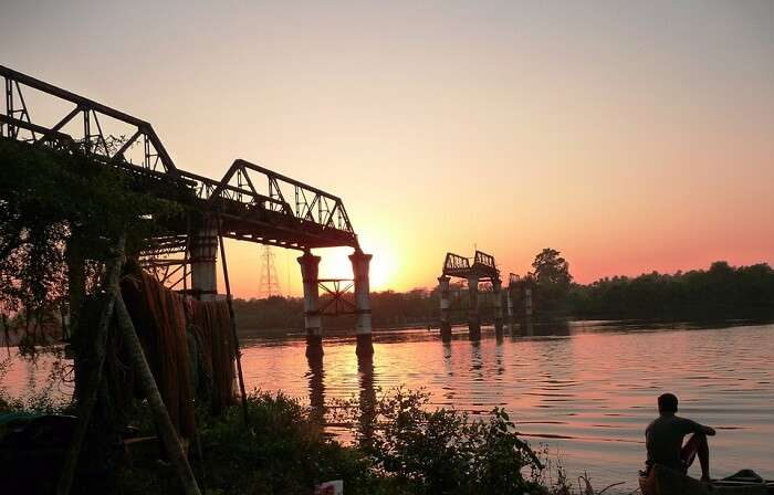 Sunset at the Borim Bridge over the Zuari River