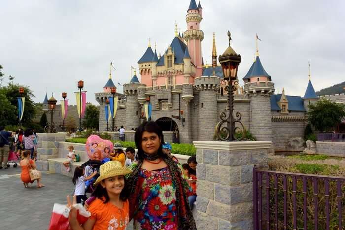 Samika and her mother in Disneyland in Hong Kong